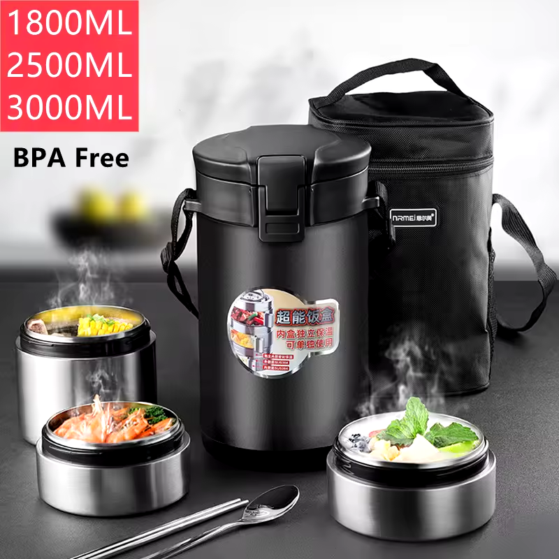 حاوية تخزين طعام محمولة متعددة الطبقات عازل للحرارة من الفولاذ المقاوم للصدأ بسعة كبيرة